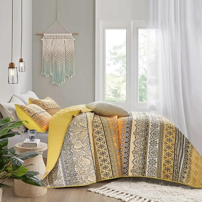 WONGS BEDDING Boho Quilt Set Full Size (90"x78"), Yellow Orange Bohemian Bedspread Lightweight Soft Microfiber Bed Cover for All Season (3 Pieces)