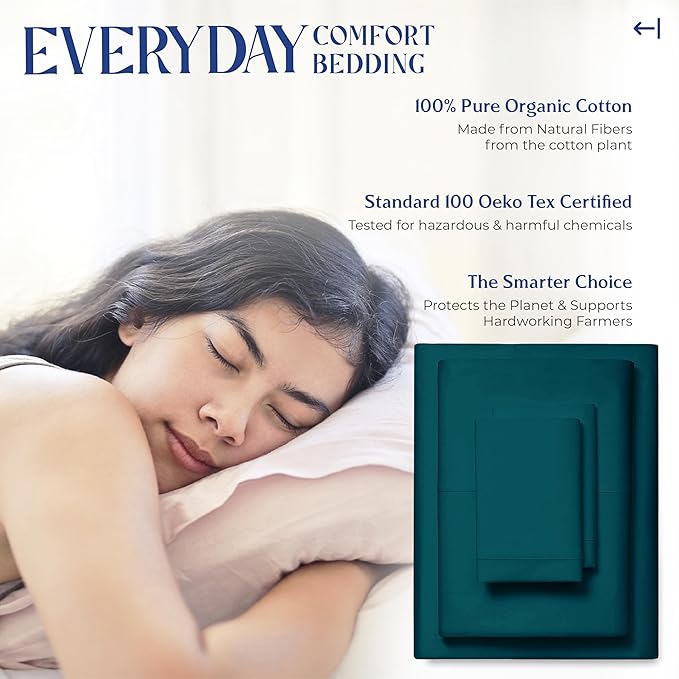 Mayfair Linen 100% Organic Cotton Sheets Full Size - 4 PC Organic Cotton Full Size Percale Weave Sheet Set, Soft, Cooling, Crisp & Breathable, 16" Deep Pocket Hotel Quality Bedding Set - Teal