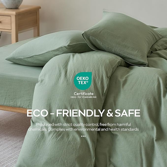 JELLYMONI Washed Cotton Duvet Cover Set King Size, Sage Green - Super Soft & Breathable Bedding Comforter Cover with Zipper, for Modern Home, Guest Room, and Everyday Use,1 Duvet Cover & 2 Pillowcases
