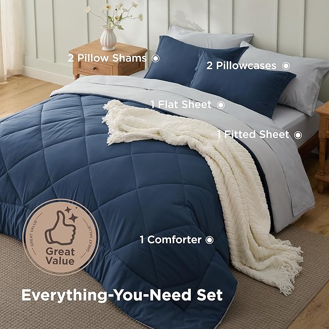Bedsure Queen Comforter Set - 7 Pieces Reversible Navy Bedding, Queen Size Bed Set for All Seasons, Bed in a Bag with Down Alternative Comforter, Sheets, Pillowcases & Shams