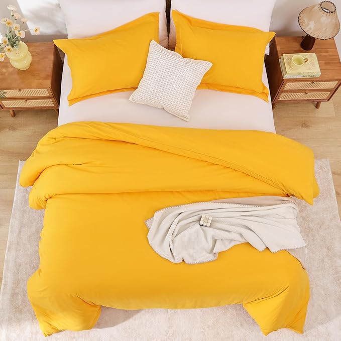 Whitney Home Textile Yellow Duvet Cover Set Queen Size - 3 Piece Luxury Soft Cooling Duvet Cover with Zipper Closure and Pillow Sham, Breathable Washed Brushed Microfiber, Comforter Not Included