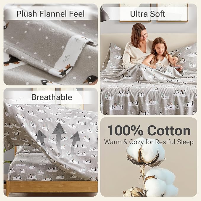 True North by Sleep Philosophy Cozy Flannel Warm 100% Cotton Sheet - Novelty Print Animals Stars Cute Ultra Soft Cold Weather Bedding Set, Full, Grey Penguins 4 Piece