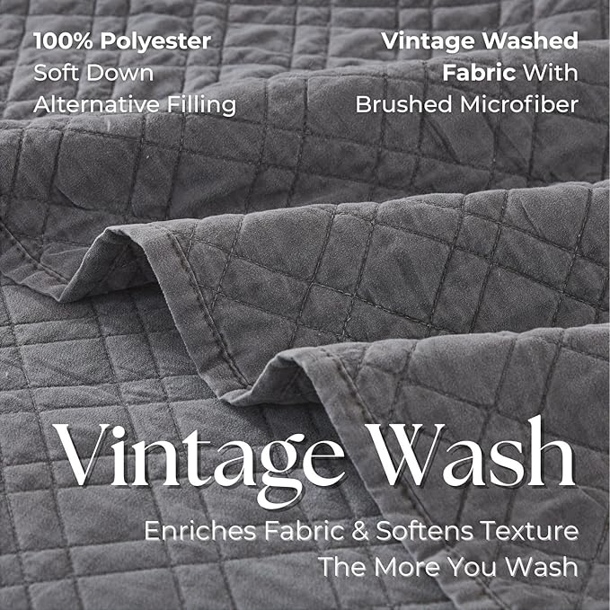 Cali King Quilt Set with Shams Lightweight Quilted Bedspread Coverlet Thin Comforter Bed Cover Vintage Washed Quilted Blanket for All Season, Brushed Microfiber Diamond Stitching, Ash Gray, 111"x92"