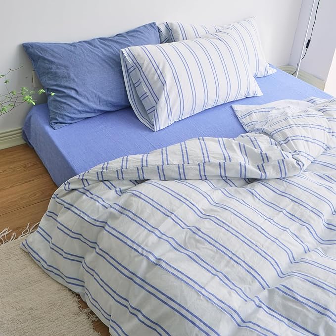 LifeTB Blue Striped Duvet Cover Set King, 3 Pieces Stripes Pattern Printed Bedding Set, Soft 100% Washed Cotton Retro Striped Duvet Cover, Minimalist Breathable Comforter Cover with 2 Pillowcases