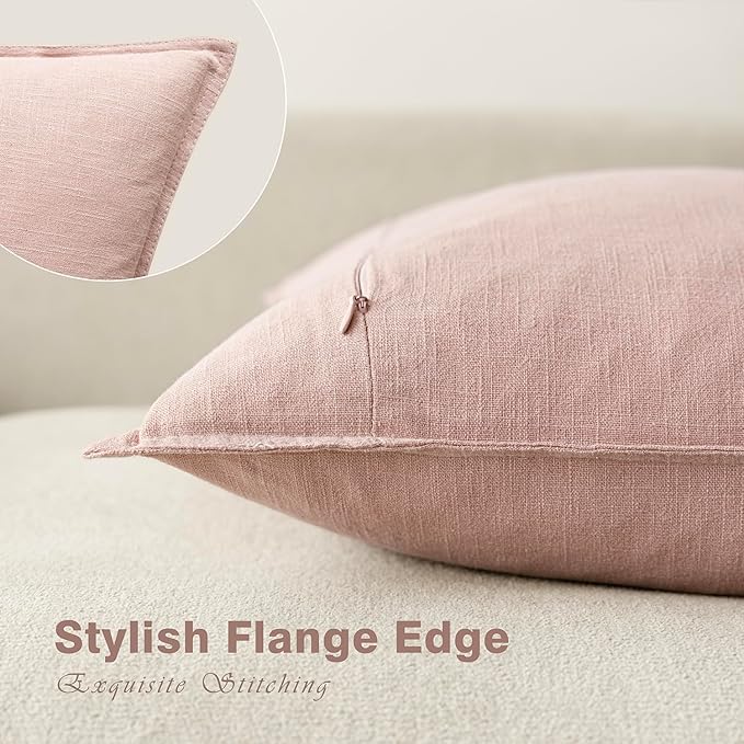 Foindtower Pack of 2, Decorative Linen Solid Throw Pillow Covers Soft Accent Cushion Case Boho Farmhouse Pillowcase for Chair Couch Sofa Bedroom Living Room Home Decor 18 x 18 Inch Light Pink