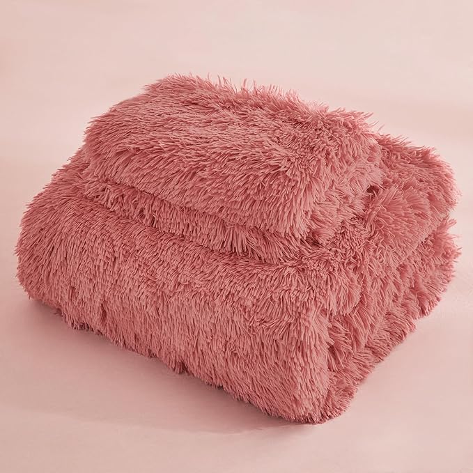 annadaif Fluffy Duvet Cover Full Size, Old Pink Plush Shaggy Faux Fur Comforter Cover Velvet Bedding Set with Zipper Closure(1 Duvet Cover, 2 Pillowcases)