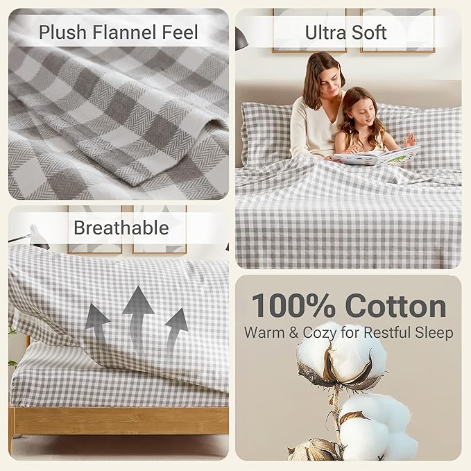 Sleep Philosophy True North 100% Cotton Flannel Sheets Twin XL, Cozy Flannel Sheet Set Brushed for Extra Softness, Heavyweight Novelty Print Warm Flannel Bedding Set, Gray Herringbone Check 3 Piece