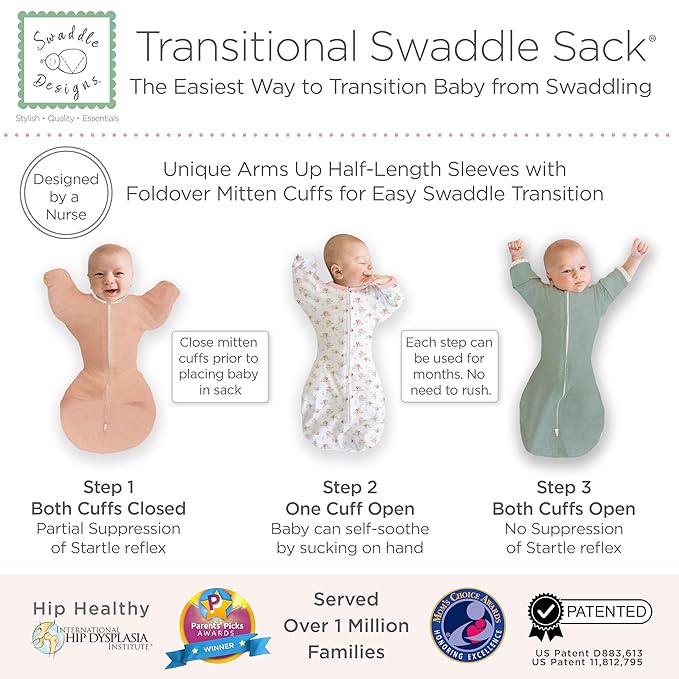 SwaddleDesigns Transitional Swaddle Sack, Arms Up Half-Length Sleeves & Mitten Cuffs, Swaddle for Newborn Transition to Baby Sleep Sack Wearable Blanket, 3-6mo, 14-21 lb, Watercolor Peachy Pink Floral