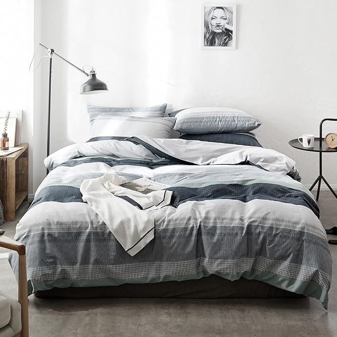 VM VOUGEMARKET Bedding Striped Duvet Cover Queen,3 Pieces Blue Gray Duvet Cover Sets, Cotton,Modern Simple Comforter Cover for Teens Men-Full/Queen,Martin