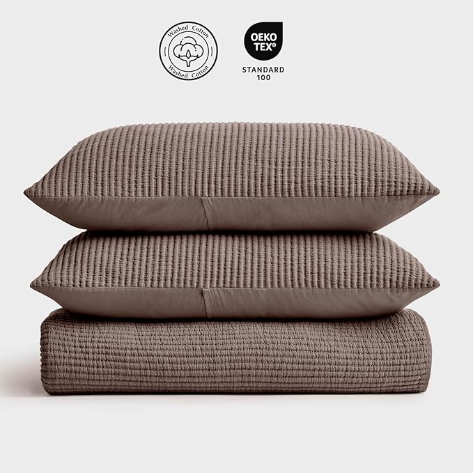 EVERGRACEHOME Cotton Coverlet Set Full Queen Size 3 Pieces, Lightweight Soft Ribbed Matelassé Bedspread Quilt Set, Cozy Oversized Quilted Bedding Set with 2 Pillow Shams for All Seasons, Mocha Brown