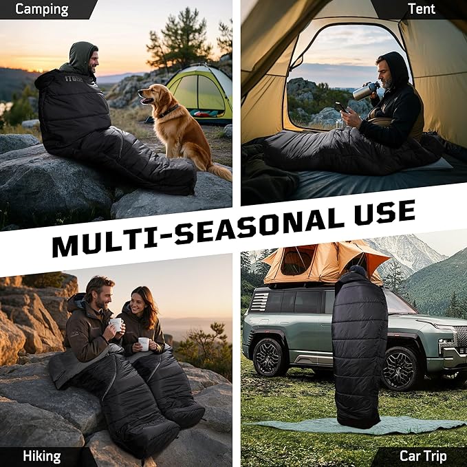Sleeping Bag for Adults, 25-36℉Cold Weather Mummy Sleeping Bag, Lightweight 3–4 Season Winter Sleeping Bag with Adjustable Hood, Phone Pocket & Compression Sack for Camping Hiking Backpacking