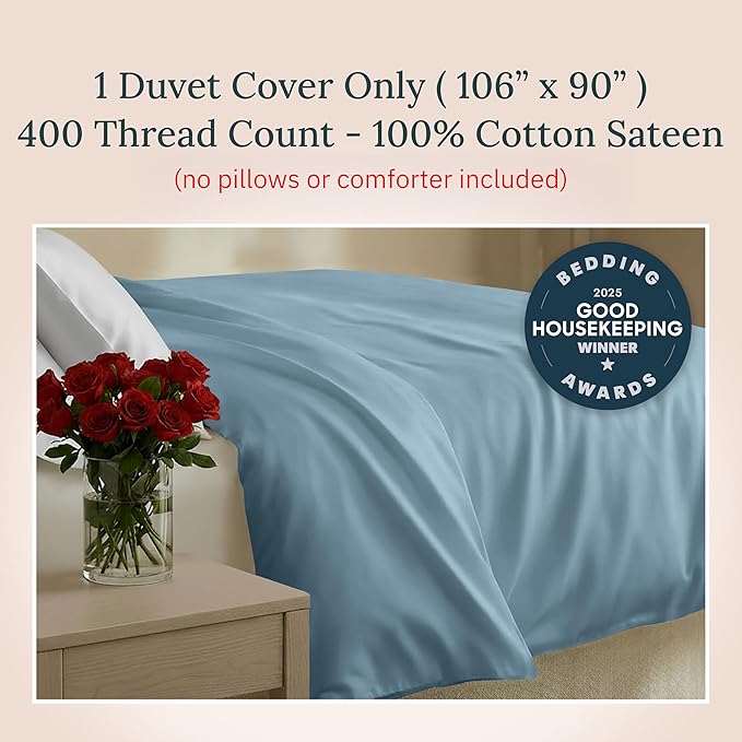 King Size Duvet Cover Only - Premium 400 Thread Count, Natural 100% Cotton Duvet Cover King, Soft Sateen Weave, Button Closure and Corner Ties - Sky Blue