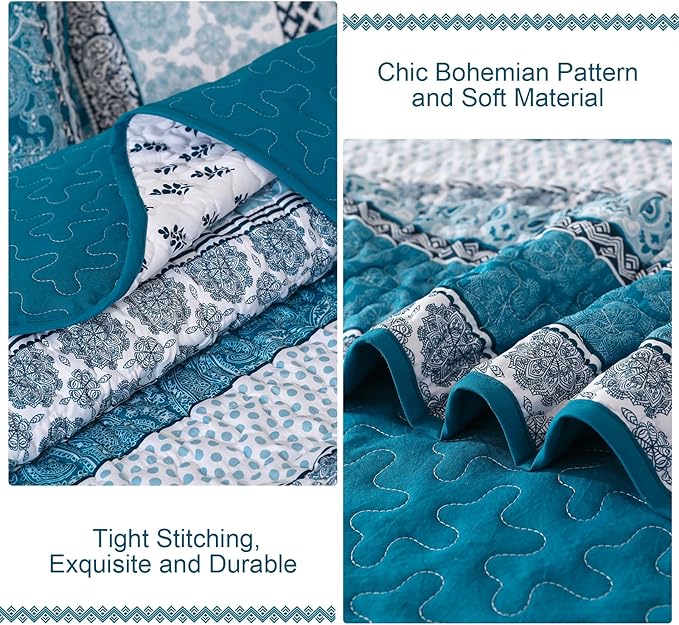 WONGS BEDDING Boho Quilt Set King Size, Teal Blue Bohemian 3 Pieces Quilt Sets, Lightweight Bedspread Coverlet Bedding Set for All Season (104"x90")