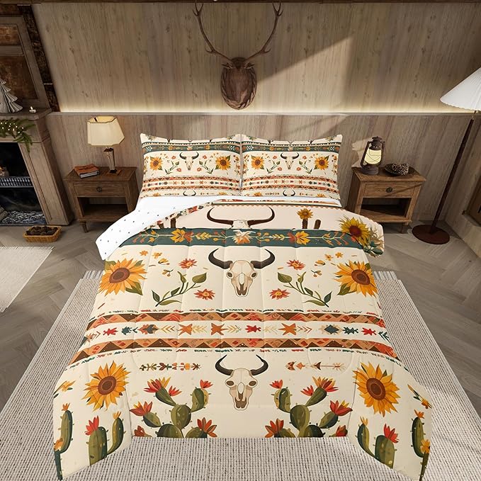 Feelyou Rustic Western Comforter Set Queen Size Bull Skull Floral Printed Bedding Set for Kids Boys Girls Room Decor Vintage Sunflower Farmhouse Comforter Geometric Western Boho Quilt Set
