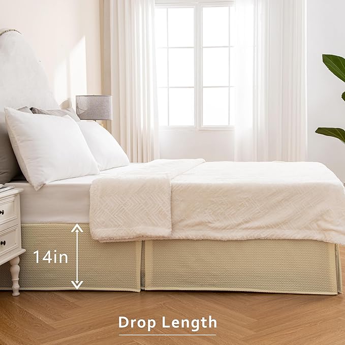 MIYE Pleated Waffle Weave Bed Skirt, Tailored Dust Ruffle 14 Inch Drop Easy Fit, Machine Washable,No Split Corners (Light Beige, Cal King - 14" Drop)
