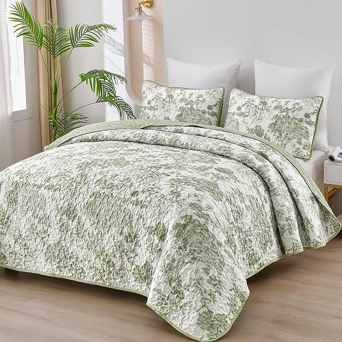 WONGS BEDDING Botanical Quilt Set California King Size, Sage Green 3 Pieces Toile Floral Plants Printed Bedspread Bedding Set Soft Lightweight Microfiber Coverlet Set for All Season (112"×96")