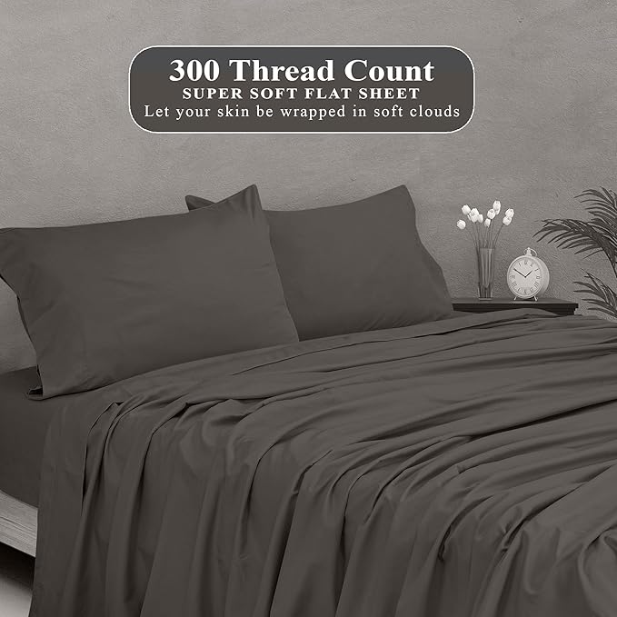 Royale Linens 300 Thread Count 100% Long Staple Combed Cotton Flat Sheet - Super Soft - Top Sheets - Full Flat Sheet Sold Separately - Breathable, Cool & Crisp Percale Sheets Only (Twin XL, Grey)