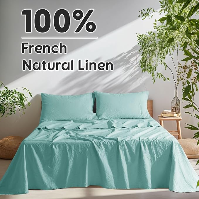 SONORO KATE 100% French Pure Linen Sheets, Breathable and Durable Linen King Size Sheets, Anti-Tear Linen Bed Sheets, Machine Washable, 16 Inch Deep Pocket - 4 Piece (Aqua, King)