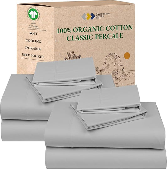 California Design Den 2-Pack 100% Organic Cotton Sheets Queen Size Set - Crisp and Breathable Percale, Deep Pocket Sheet Sets Queen Size, Lightweight Bedding Set - Light Grey