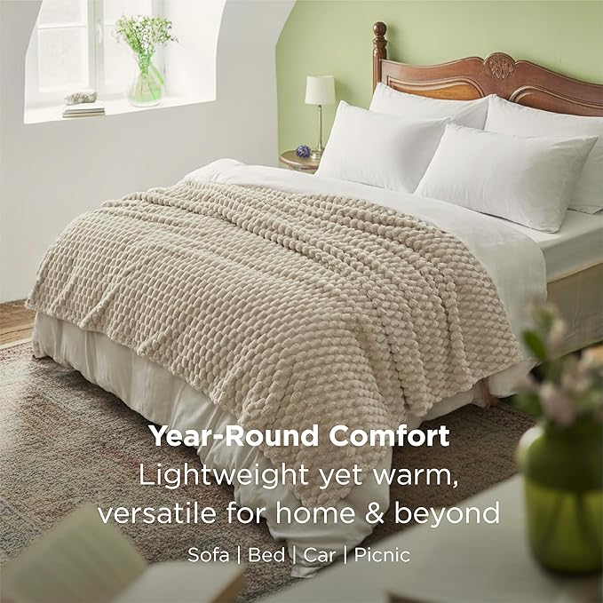 Bedsure Blanket Queen Size for Bed - 350GSM Fluffy Plush Bubble Blanket Queen Size for Home Room Decor, GentleSoft Cute Fleece Soft Cozy Gifts for Women Girls, Beige, 90x90 Inches