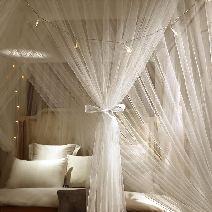 VETHIN 4 Corners Post Princess Bed Canopy Curtain Double Layer Cozy Drape Netting 4 Opening Mosquito Net for Girls & Adults Bedroom Decoration Accessories (Double White, 47" W*78" L*82"*H/Twin)