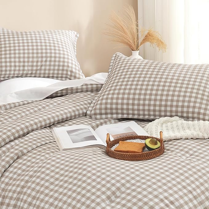 Andency Tan Gingham Comforter Set Twin(66x90Inch), Brown Checkered Grid Plaid Buffalo Bed Set for Girls Boys Kids Teens, 2 Pieces Lightweight Microfiber Geometric Preppy Bedding