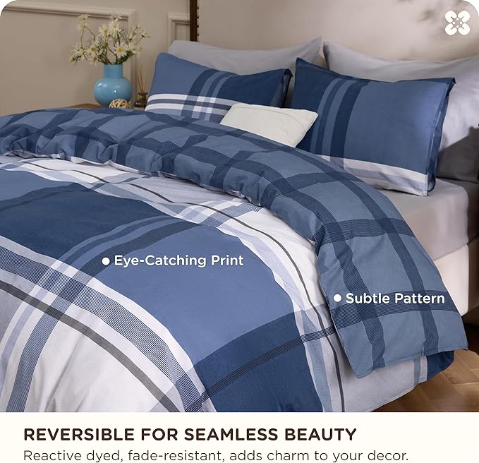 Bedsure 100% Cotton Reversible Plaid Duvet Cover Queen Size - Classic Navy Checkered Pattern Comforter Cover with Zipper Closure & 2 Pillow Shams, Comforter Sold Separately (Navy Plaid 90"x90")