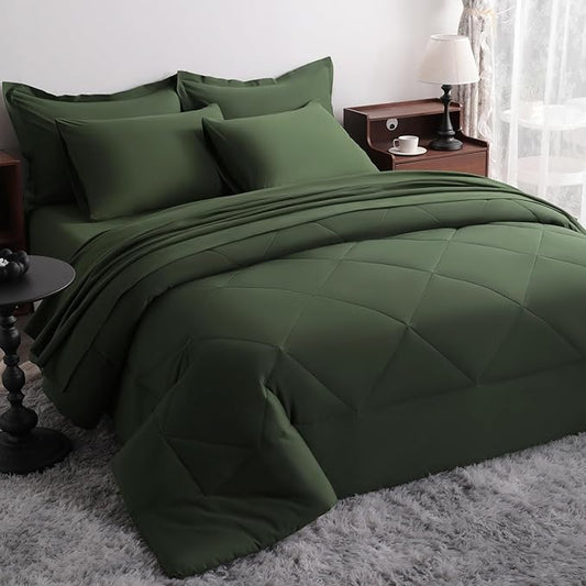 NTBAY King Comforter Set with Sheets, 7 Pieces Soft and Breathable King Bedding Set, Bed in a Bag, Down Alternative Comforter Set Solid Color All Season, King Bedding Set, Olive Green