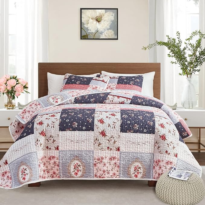 Patchwork Quilt Set Full/Queen Size, 3 Pieces Pink Purple Floral Plaid Summer Bedspread Coverlet Set, Soft Microfiber Lightweight Bed Cover for All Season (90" x 90", 1 Quilt+ 2 Pillow Shams)