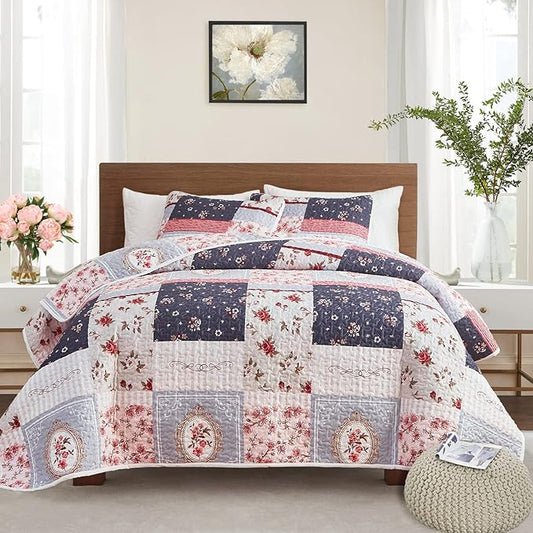Patchwork Quilt Set Full/Queen Size, 3 Pieces Pink Purple Floral Plaid Summer Bedspread Coverlet Set, Soft Microfiber Lightweight Bed Cover for All Season (90" x 90", 1 Quilt+ 2 Pillow Shams)