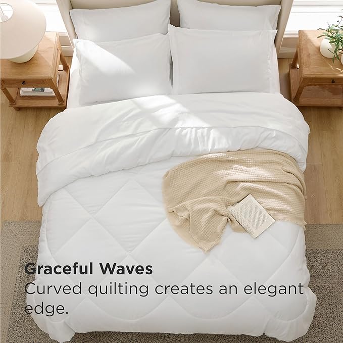 Bedsure 7 Pieces Queen Comforter Set Premium Series, Hotel Luxury Soft Bed in a Bag, Goose Down Alternative, Safe for Sensitive Skin Bedding Comforter All Season Medium Warmth, White Wavy Quilted