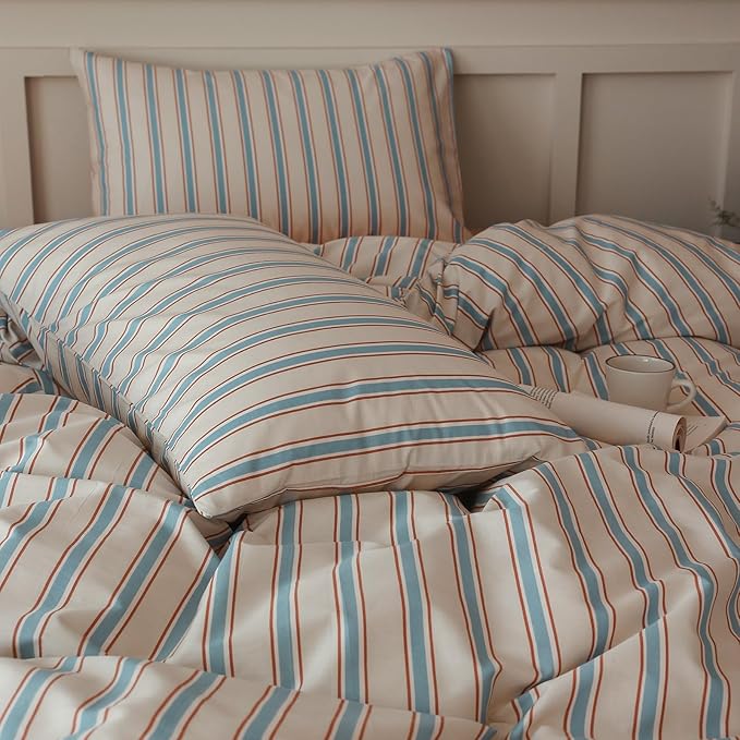 LifeTB Full Comforter Set Blue Brown Striped Comforter Set, 3 Pieces Retro Stripes Pattern Printed Comforter with 2 Pillowcases, Lightweight Fluffy Soft Breathable Striped Bedding Set for All Seasons