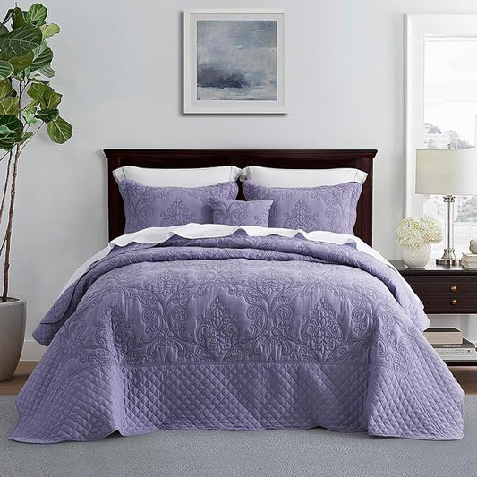 CHIXIN Bedspread Coverlet Set Queen Size - Lightweight Bedding Cover - Beautiful Stitching - 5 Piece Reversible Bedspread - Luxury Damask Paisley Pattern (Queen, Lavender)