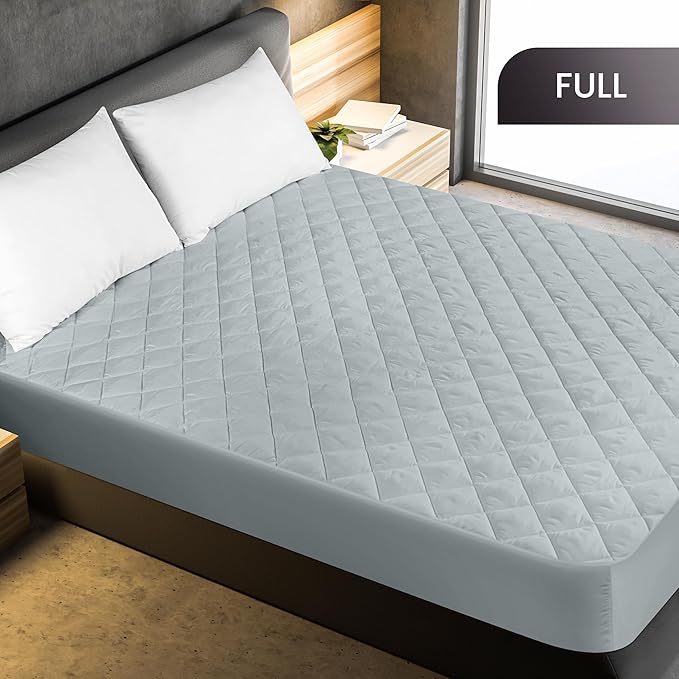 Utopia Bedding Quilted Fitted Mattress Pad, Full Size, Elastic Fitted Mattress Topper Protector and Cover with Deep Pocket Stretches up to 16 Inches, Machine Washable (Light Grey)