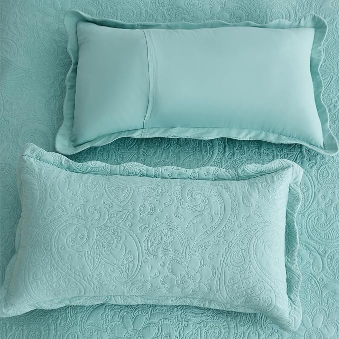 Oversized King Bedspread, Ultrasonic Lightweight Bedding Cover, Paisley Pattern, Reversible, 5 Piece, 100% Microfiber, Seaglass