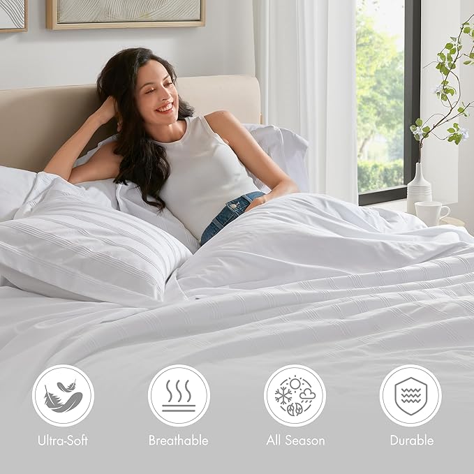 Madison Park Essentials Striped Comforter Set Queen, 7 Pieces Modern Minimalist Jacquard Bedding Set for All Season, Bed in A Bag with Sheet Set and Soft Brushed Reverse, Lightweight White