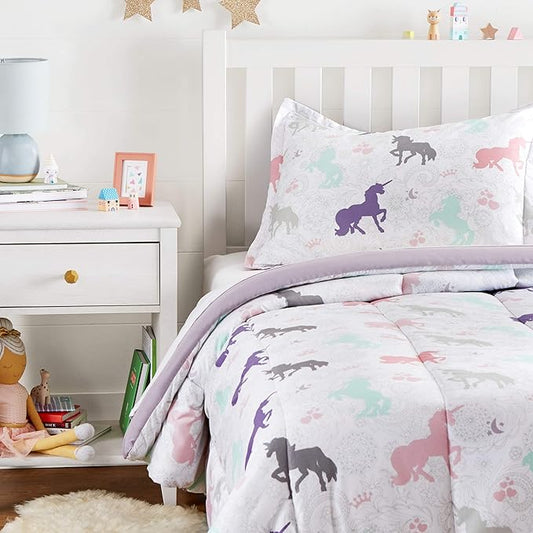 Amazon Basics 2-Piece Soft Easy-Wash Microfiber Kid's Comforter and Pillow Sham Set, Twin, Purple Unicorns, Animal Printed