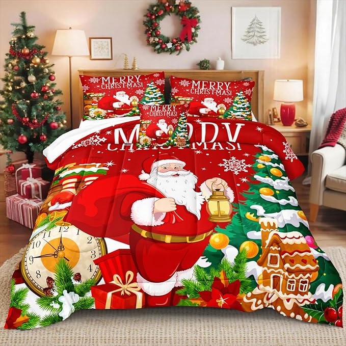 Red Christmas Comforter Set Santa Claus Bedding Set King Size Christmas Tree Decor Happy New Year Festival Theme Bedding Quilt Boys Girls Xmas Gifts Soft Lightweight Quilted Comforter 4 Pcs