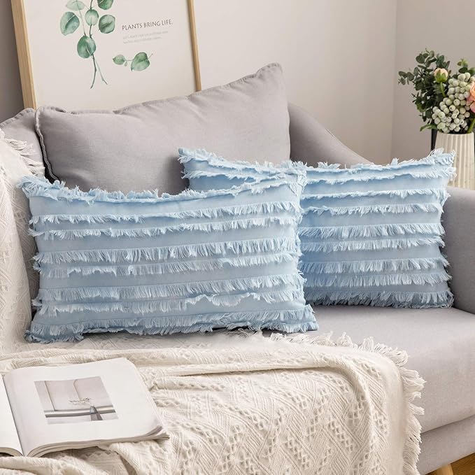 MIULEE Set of 2 Decorative Boho Throw Pillow Covers Linen Striped Jacquard Pattern Summer Cushion Covers for Sofa Couch Living Room Bedroom 12x20 Inch Light Blue