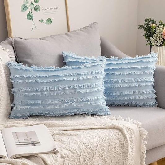 MIULEE Set of 2 Decorative Boho Throw Pillow Covers Linen Striped Jacquard Pattern Summer Cushion Covers for Sofa Couch Living Room Bedroom 12x20 Inch Light Blue