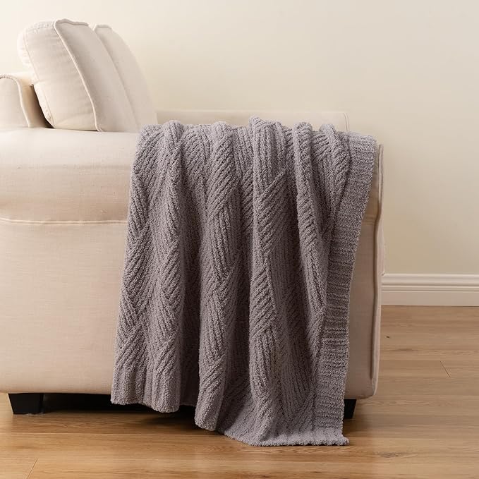 Battilo Grey Diamond Knit Throw Blanket for Couch and Bed, Soft Textured Chenille Blanket, Cozy Lightweight Decorative Blanket for Sofa, 50"x60"