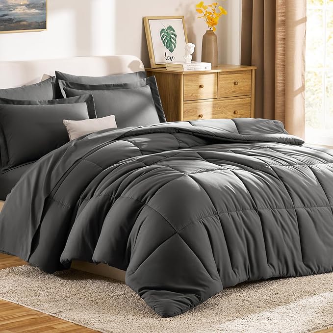 CozyLux Queen Comforter Set Dark Grey - 7 Pieces Bed in a Bag Queen, All Season Breathable Bedding Sets, Oeko-Tex Certified Bed Set with Down Alternative Comforter, Sheets, Pillowcases & Pillow Shams
