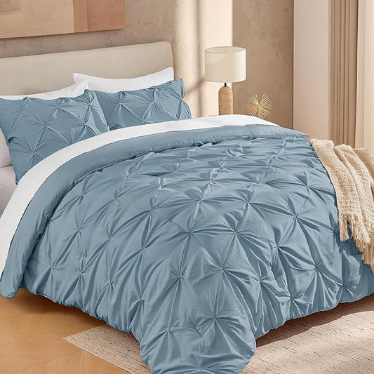 Andency Grayish Blue Comforter Set King, 3 Pieces Boho Pinch Pleat Bedding Comforter, All Season Soft Lightweight Modern Solid Bed Comforter Set