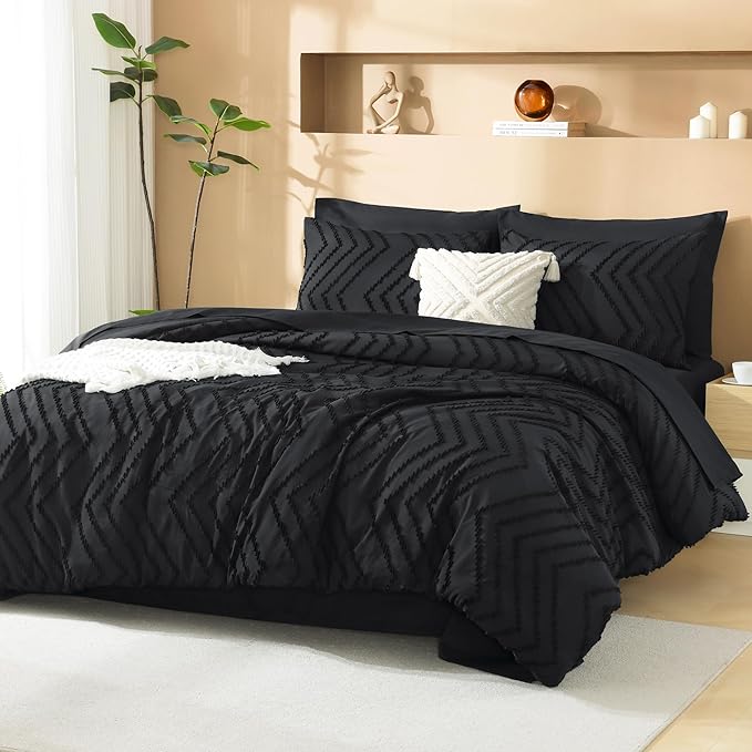 Litanika Black Queen Size Comforter Set with Sheets - 7 Pieces Bed in a Bag Queen Tufted Complete Bedding Sets with Comforter, Sheets, Pillowcases & Shams