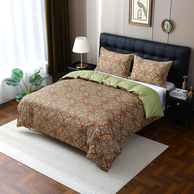 ABREEZE Bohemian Duvet Cover Set Colorful Boho Retro Bedding Set Damask Paisley Cotton Duvet Cover Tribal Reversible Bedding Exotic Style Comforter Cover 3-Piece Queen