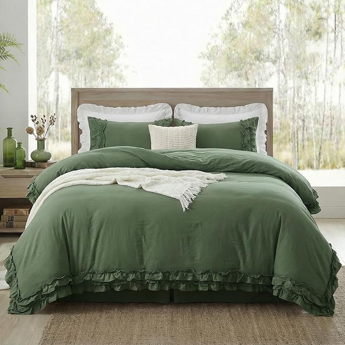 Bedorm Boho King Duvet Cover Olive Green Bedding Set Shabby Chic Lace Fringe Ruffle Bedding Super Soft Warm Farmhouse Comforter Cover 3 Pcs Sets