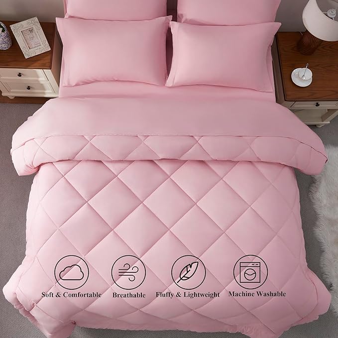 ELNIDO QUEEN® Full Size Comforter Set - 7 Pieces Bed in a Bag Full, Bed Set for All Seasons, Ultra Soft Blush Pink Bedding Sets with Comforter, Flat Sheet, Fitted Sheet, Pillowcases and Pillow Shams