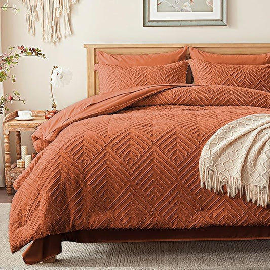 Zzlpp Twin Comforter Set 5 Pieces, Burnt Orange Tufted Bed in a Bag with Comforter and Sheets, All Season Boho Bedding Sets with 1 Comforter, 1 Pillow Sham, 1 Pillowcase, 1 Flat Sheet, 1 Fitted Sheet