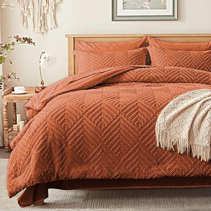 Zzlpp Full Comforter Set 7 Pieces, Burnt Orange Tufted Bed in a Bag with Comforter, 2 Pillow Shams, 2 Pillowcases, 1 Flat Sheet, 1 Fitted Sheet