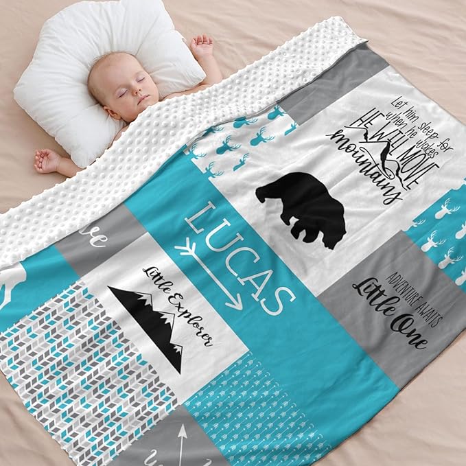 Customzed Baby Blanket for Boys Super Soft Double Layer with Dotted Backing, Monogrammed Receiving Blanket with Cute Woodland Multicolor Printed Blanket, Teal, 40 x 50 Inch